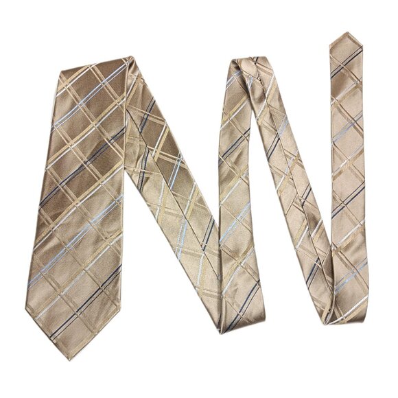 Geoffrey Beene Silk Tie Mens X-Long 65” Taupe Navy Plaid Western Preppy Wide New - Picture 2 of 4